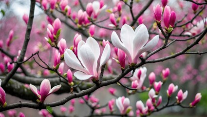 Fototapeta premium Magnolia tree branches with pink and white blossoms in spring garden setting with blurred background and soft natural light Copy Space