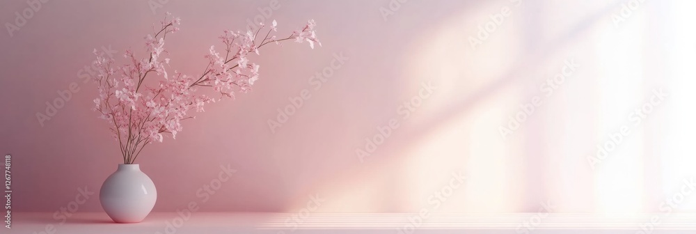 Aufkleber blossoming cherry branches in a white vase on a soft pink backdrop with natural light streaming in. 