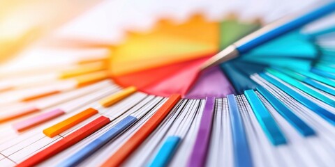 A vibrant, colorful pie chart is surrounded by pencils, illustrating data visualization and analysis in a creative workspace.