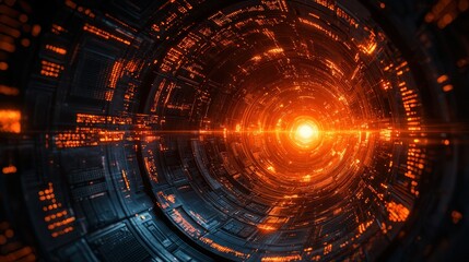 Orange futuristic tunnel, glowing core, digital background, sci-fi