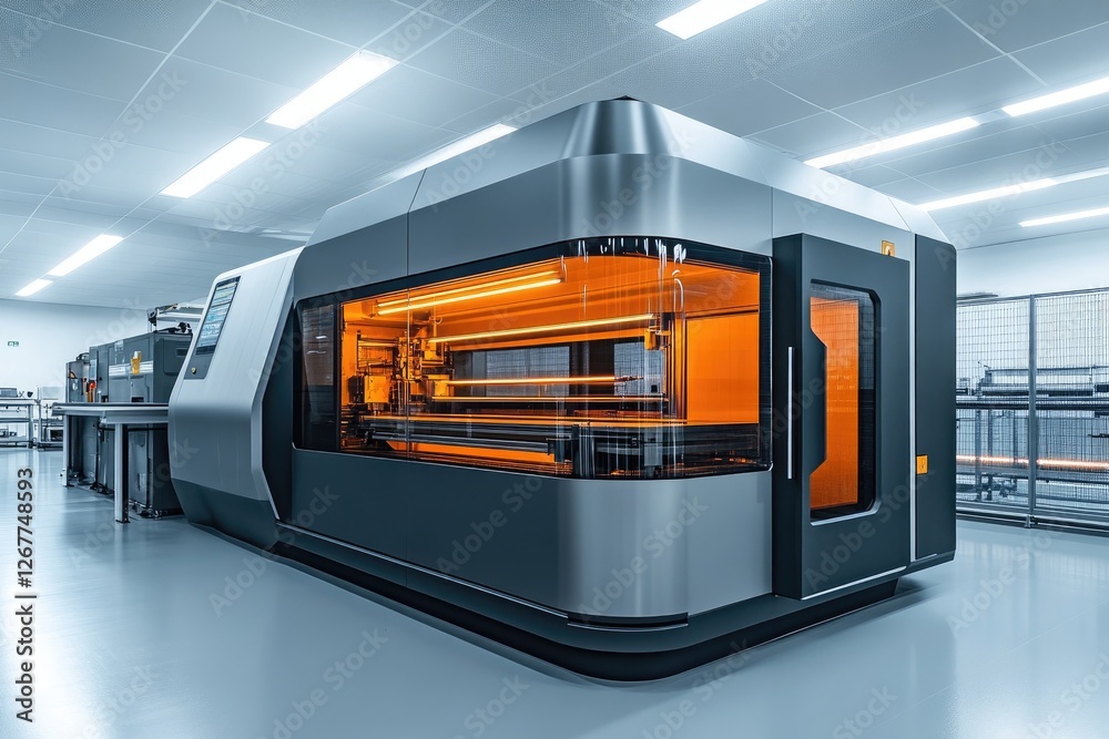 Aufkleber Modern industrial 3d printer creating objects in brightly lit factory