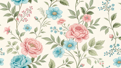 Vintage floral wallpaper pattern with pastel colors and details
