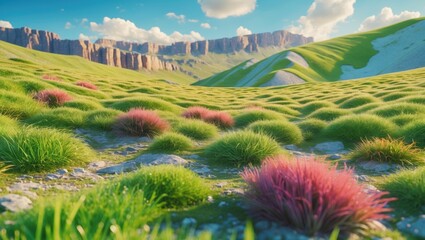 Vibrant green grassy landscape with purple tufted plants against a mountainous backdrop under a bright blue sky Copy Space