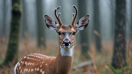 Obraz premium Adult deer with antlers in a misty forest setting surrounded by tall trees and dry foliage Copy Space
