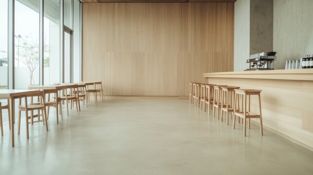Fototapeta Modern cafe interior, wooden furniture, large windows, minimalist design, coffee bar
