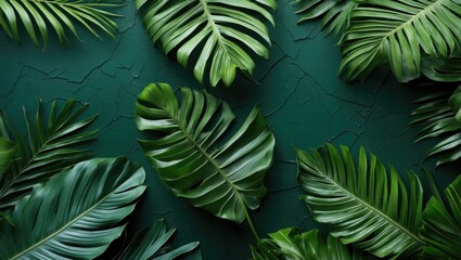 Green tropical leaves arranged on a dark green textured surface with copy space for text placement.