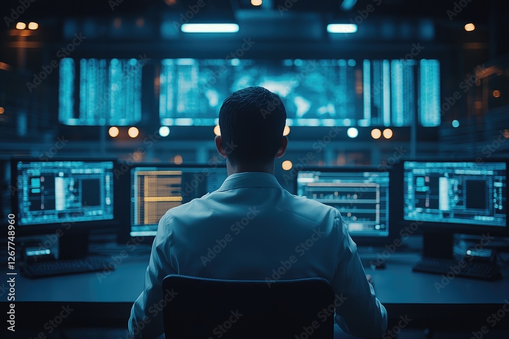 Poster It specialist working on computer in data center control room monitoring multiple screens with world map and data