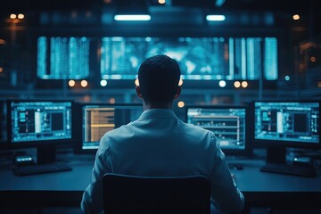 It specialist working on computer in data center control room monitoring multiple screens with world map and data