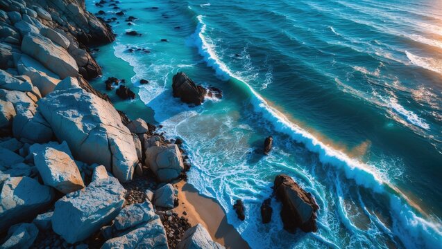 Aerial view of rocky shoreline with turquoise sea waves crashing against the rocks and sandy beach during sunset Copy Space