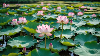 Lotus flowers blooming on a tranquil lake surrounded by green leaves and soft reflections with Copy Space