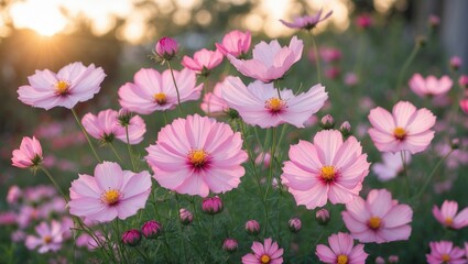 Obraz premium Pink cosmos flowers blooming in a garden during sunset with soft lighting and a blurred background Copy Space
