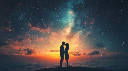 Fototapeta premium Couple Silhouetted Against Starry Night - Romantic couple silhouette kissing under a breathtaking starry night sky, perfect for love, romance, and relationship themes