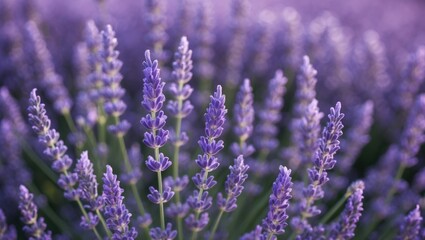 Obraz premium Lavender field close-up with blooming purple flowers in soft focus natural botanical background Copy Space