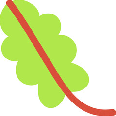Minimalist vector illustration of a green oak leaf crossed by a red diagonal stripe, representing nature, growth, and environmental concepts