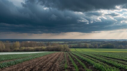Dramatic clouds over rolling agricultural fields with rows of green crops and earth in rural landscape under moody sky Copy Space