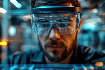 Industrial engineer wearing ar glasses working with futuristic interface in a modern factory