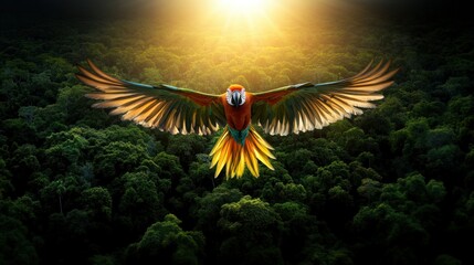 Obraz premium Majestic parrot in flight over a dense rainforest at sunset