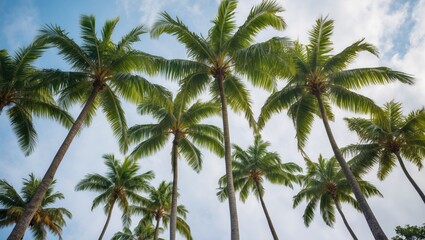 Palm trees against a cloudy sky with green foliage and tall trunks creating an upward perspective and natural background Copy Space