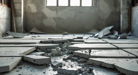 Cracked and Damaged Concrete Flooring in Abandoned Industrial Room With Natural Light and Dust Particles Copy Space