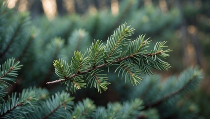 Close-up of evergreen conifer branch with needle-like leaves against blurred outdoor background Copy Space