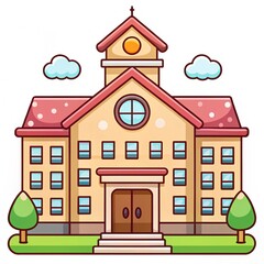 School building illustration, sunny day, learning, education, design