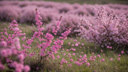 Fototapeta premium Pink flowering landscape with blooming shrubs and flowers in soft focus creating a serene natural environment with Copy Space