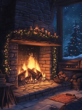 Cozy Christmas Fireplace Scene - A warm and inviting fireplace scene with burning logs, Christmas lights, and a snowy winter night view from the window