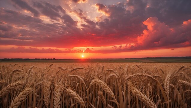 Golden wheat field under a vibrant sunset sky with dramatic clouds and orange hues in the background Copy Space