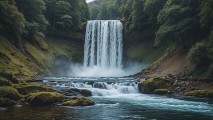 Naklejka premium Majestic waterfall cascading into serene river surrounded by lush greenery and rocky terrain with mist rising, Copy Space available