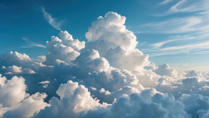 Fluffy white cumulus clouds against a clear blue sky with wispy cloud formations and ample copy space for text insertion