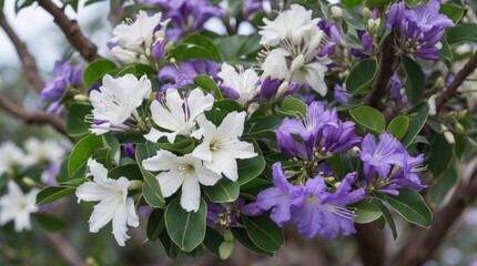 Naklejka premium Colorful blooming flowers with white and purple petals on a tree branch against a blurred background Copy Space