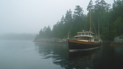 Elegant Classic Yacht on Calm Water Near Shoreline Under Overcast Sky Morning Ambiance Tranquility