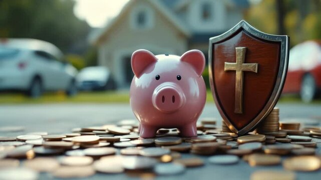 Pink Piggy Bank and Shield with Cross Stand on Scattered Coins in Front of House, Symbolizing Savings and Financial Security