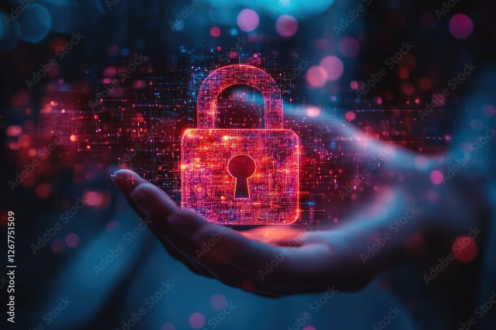 Poster Businessman protecting digital data with futuristic padlock and binary code visualization