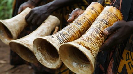 African Traditional Musical Instruments: Close-up of handcrafted horns held by individuals, showcasing intricate details and cultural significance.