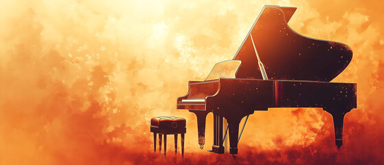 piano illustration isolated over festive bright fire orange watercolor background; copy space