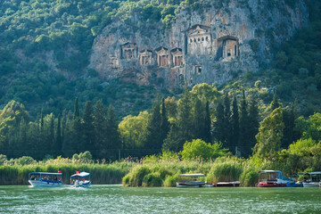 Ancient tombs carved in a cliff near Dalyan, Turkey