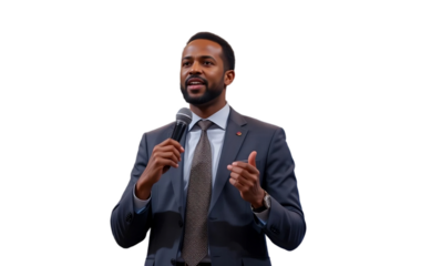 Businessman in formal attire giving a speech on mic, Employee executive CEO giving speech in townhall wearing a suit