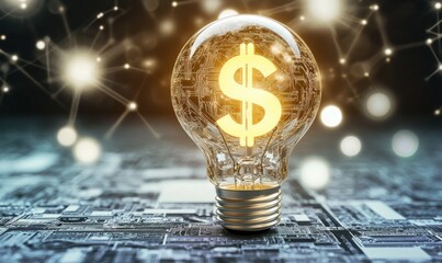 Illuminated light bulb with dollar sign symbolizing financial innovation amidst digital circuitry