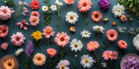 Colorful floral arrangement on blue background with various flower types and colors, featuring daisies, lilies, and more, Copy Space