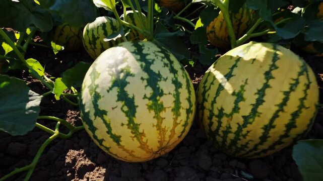  capturing the rich, vibrant beauty of a sprawling melon and watermelon field under the warm afternoon sun.