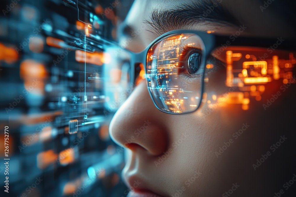 Poster Software engineer analyzing code reflected in glasses, futuristic technology concept