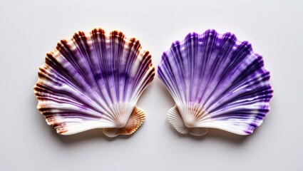 Purple and white scallop shells arranged symmetrically on a clean white background with Copy Space for text placement