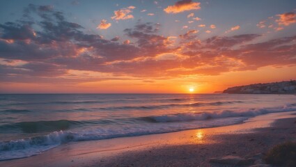 Sunset over calm ocean waves with colorful clouds and sandy beach in the foreground featuring reflection of golden light Copy Space