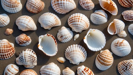 Variety of sea shells scattered on sandy beach surface with natural textures and patterns Copy Space