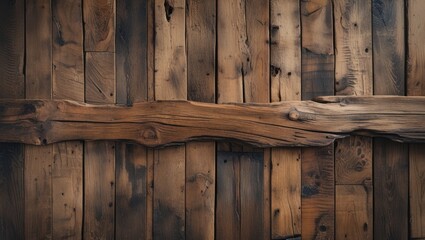 Textured wooden wall with natural patterns and grain, featuring a central horizontal beam, suitable for backgrounds, Copy Space.