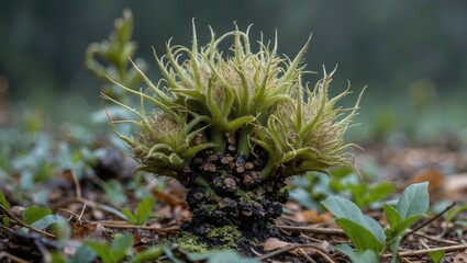 Bright green moss with unique hairy texture growing on soil surrounded by small plants in natural forest environment. Copy Space