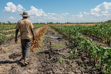 Fototapeta premium Farmer walking through a lush green cornfield on a sunny day, inspecting the crops, with a bright blue sky and fluffy clouds above, overseeing the irrigation system