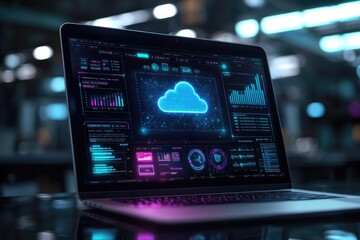 Cloud computing futuristic interface displaying data analysis on laptop screen in dark room