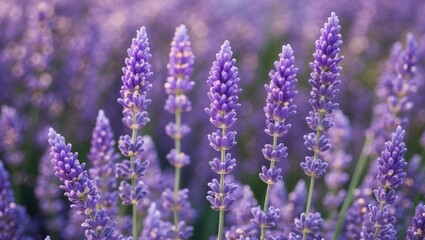 Fototapeta premium Lavender flowers in full bloom with soft purple hues on stems in a field, natural background, Copy Space